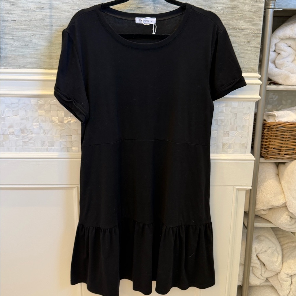 Large berryou tiered tee shirt dress pockets black Black Short sleeve Ruffle - Picture 3 of 14